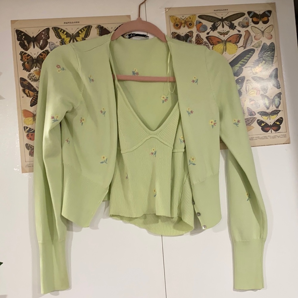 Zara Floral Embroidered Cardigan and Top
